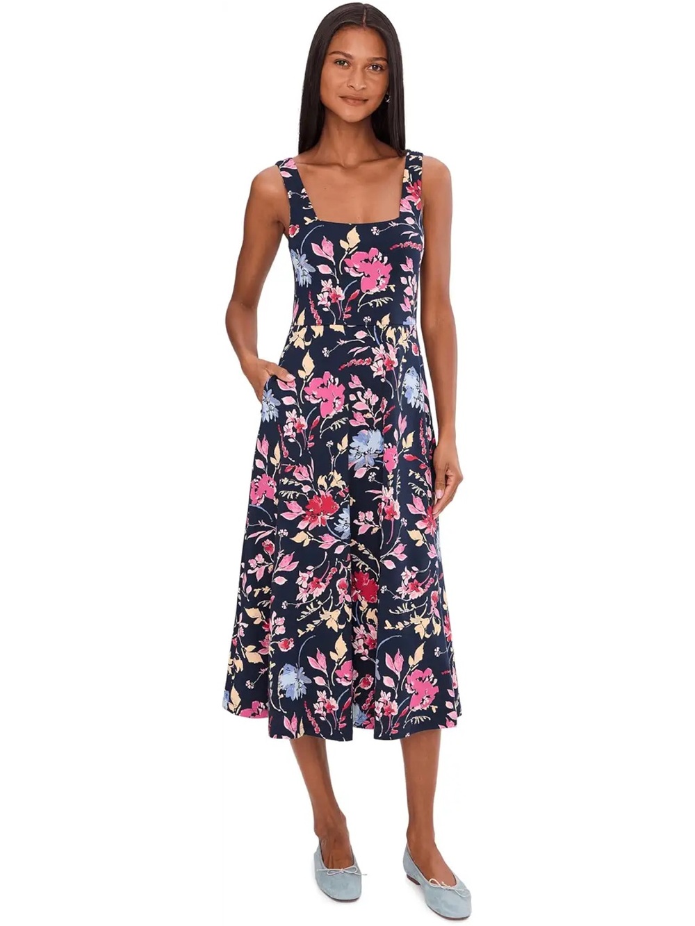 Pact Navy Midi Dress with Pink & Blue Floral Print